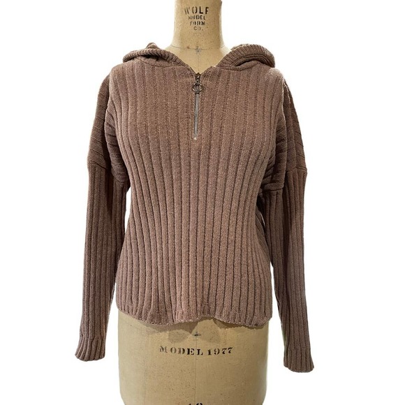 Pink Republic Womens Chenille Hoodie Sweater Brown Ribbed Knit Quarter Zip XL - Picture 2 of 10